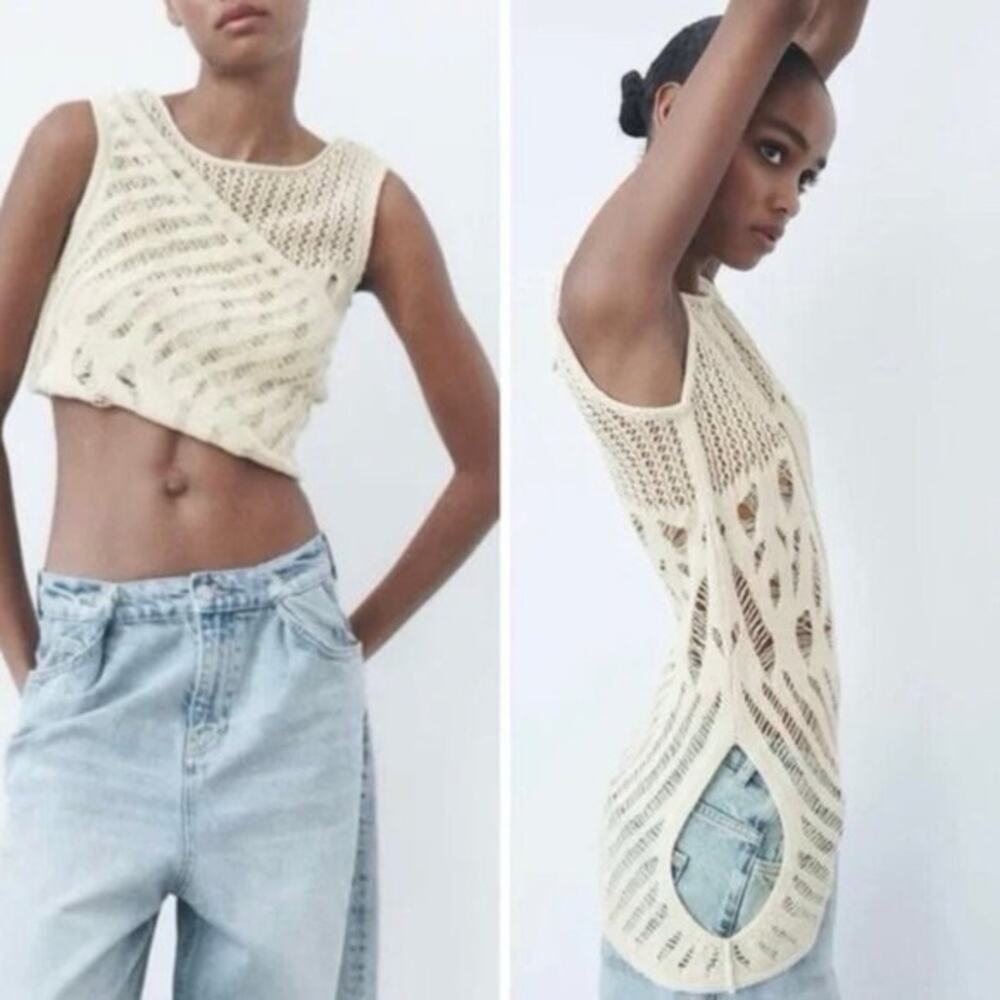 Zara NWT two way knit top Cream Crochet Crop Top Size Medium